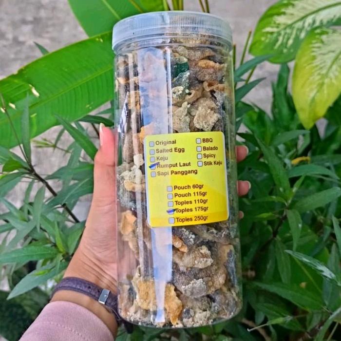 

Kerupuk Keripik Kulit Ikan Salmon Rasa Rumput Laut Kemasan Toples 175gr Fish Skin Chips Salmon