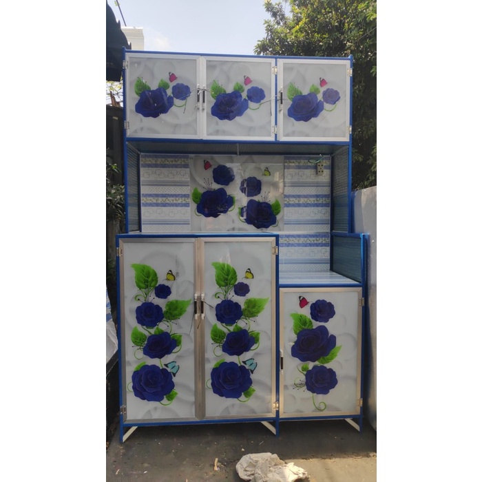 Rak Piring 3 Pintu Full kaca Bunga Alas Kerak Tiang Warna BOGOR Bisa SPK-