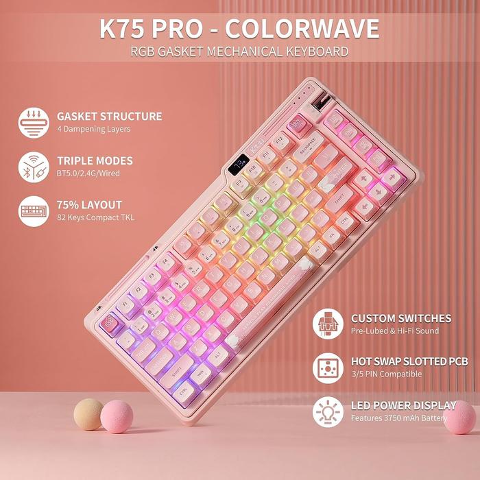 KZZI K75 Pro Wireless Tri-Mode Mechanical Keyboard RGB Gasket Mount Hotswap 75% Keyboard