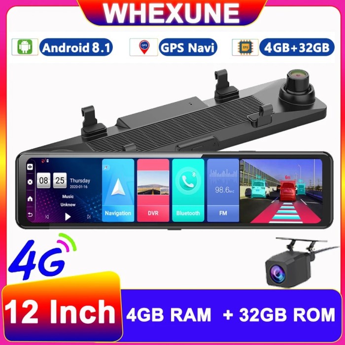 WHEXUNE 12 Inch 4G Android 8.1 Auto DashCam Camera Car Rearview
