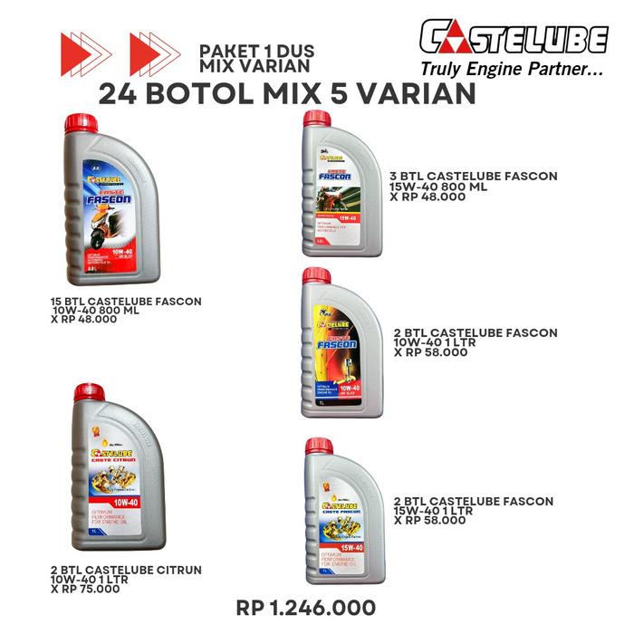 

Castelube Paket Bengkel 24 Botol Mix 5 Varian Fascon & Citrun New