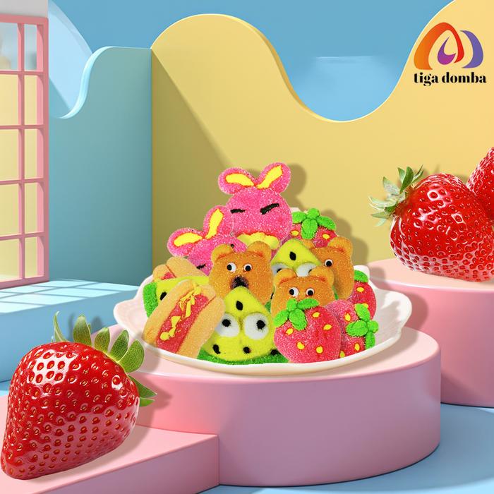 

Halal1 box @30 Pcs-Marshmallow Kartun permen marshmallow -Aneka Rasa Buah:Stroberi, Mangga,