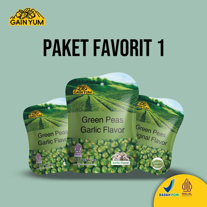 

[ PAKET FAVORIT 1 ] Gain Yum Snack - Kacang Polong Rasa Bawang Putih dan Original Ukuran 75g