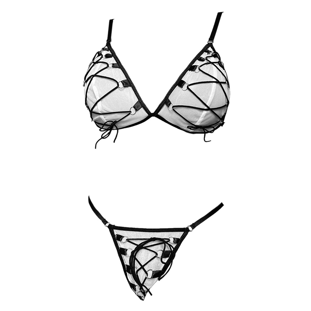 B372 Bra Set Seksi Bikini Bralette Putih Transparan Model Tali Silang-Silang