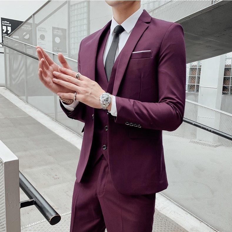 HOT PRODUCT 3 in 1 Set Jas Pria Tuxedo Seri Lis Putih Setelan Jas Pria Formal Jas Blazer Rompi Vest