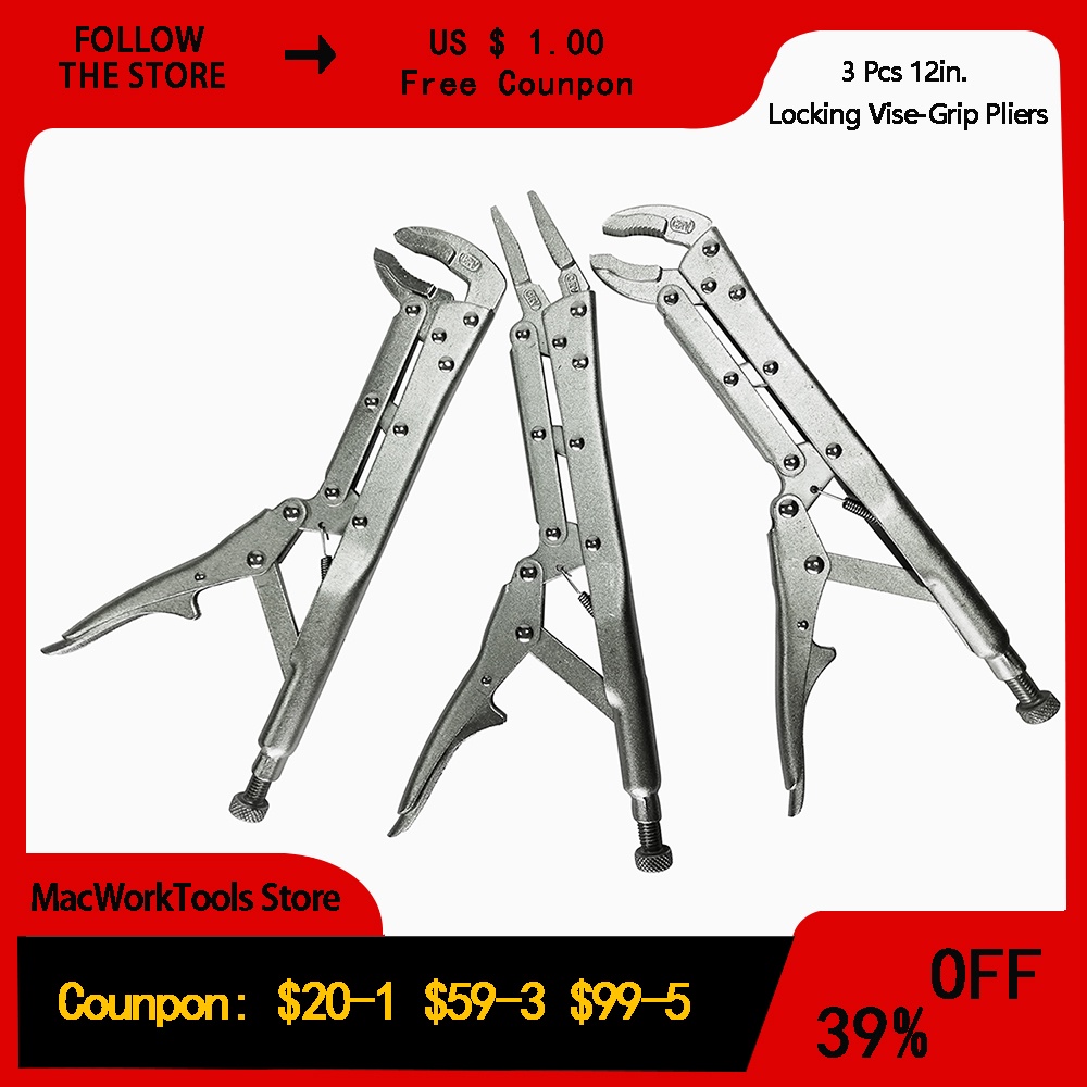MacWork 3 Pcs 12in. Extended Long Reach Locking Vise-Grip Pliers Straight 45 Degree 80 Degree Vise-G
