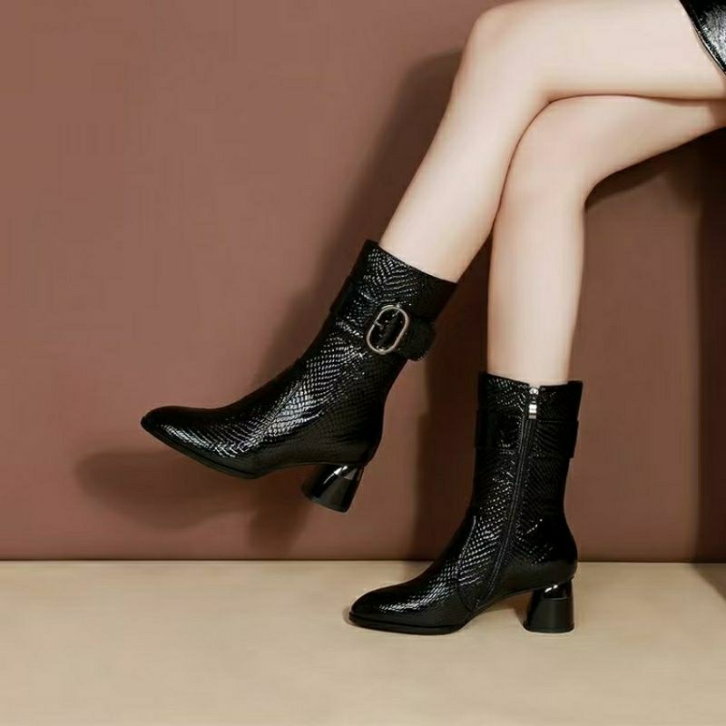 Unik Importir Sepatu Winter Boot Heel Chunky Wanita - Sepatu Zipper Boots Korea Designed