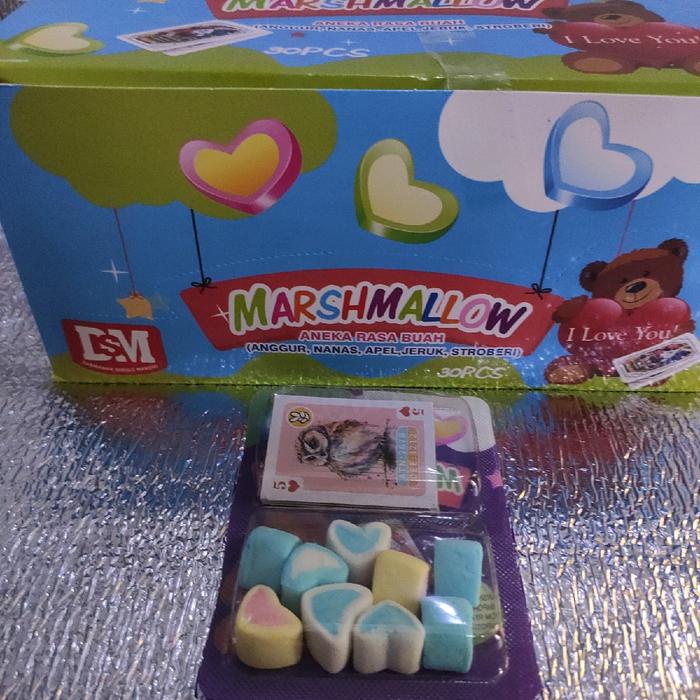 

Marshmellow Bentuk Hati berhadiah kartu isi 30pcs Snack Kering Manis