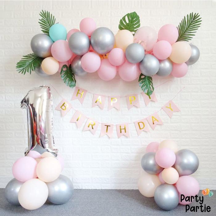 [Arch Set] Flag Leaf Silver Pink Yellow Chain Balloon