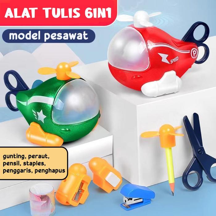 

(BISA COD) DIY Stationery Plane 6in1 Pesawat Pensil Gunting Penggaris Peraut Penghapus Staples Kode