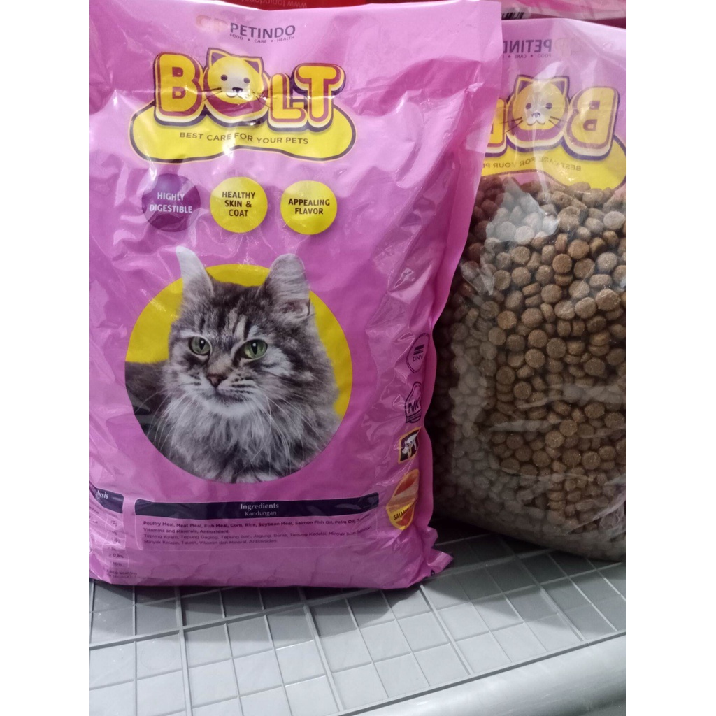 

( paket 5pcs) makanan kucing bolt cat salmon dry food kemasan 800gr adult cat