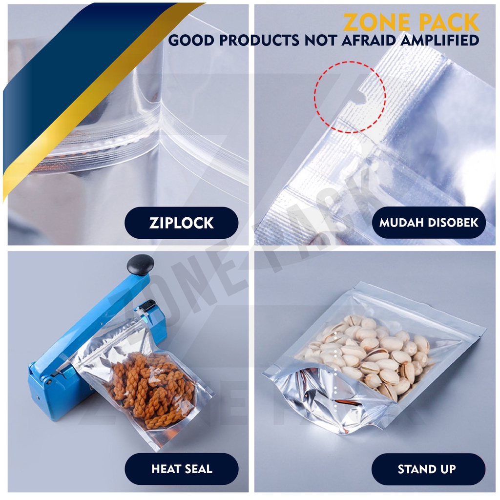 

[12x17cm] 50 pcs Standing Pouch Silver Alumunium I Alumunium Foil Ziplock I Kemasan Snack Makanan