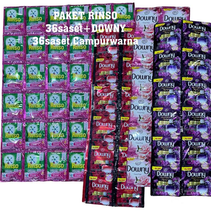 Paket 72 Sachet Rinso Cair 500an+Downy Sachet 500an - 36 Sachet Rinso Cair dan 36 Sachet Downy