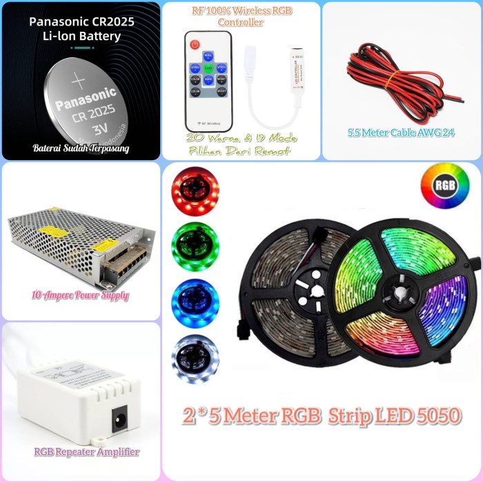 LAMPU FLEXIBLE LED 10 METER STRIP RGB 5050 REMOT WIRELESS ADAPTOR 10A