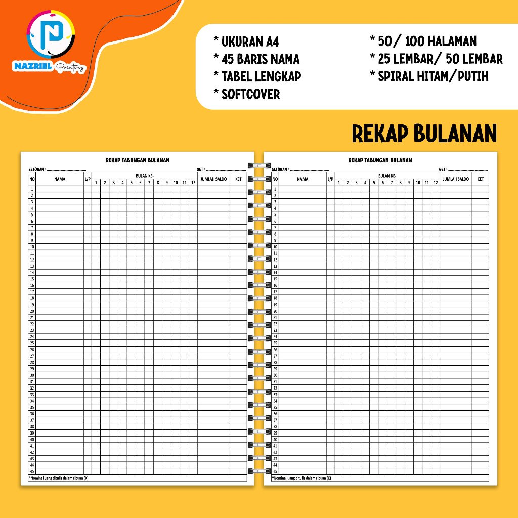 

IK! (NON CUSTOM) BUKU REKAP TABUNGAN LEBARAN A4/B5/A5 JILID SPIRAL