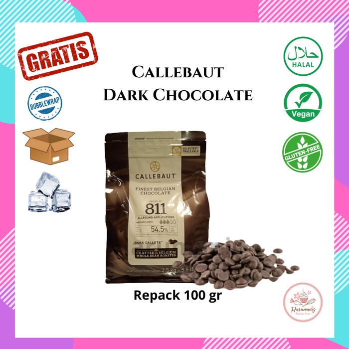 

HJK Callebaut Dark Chocolate Couverture 811 54,5% Kemasan Repack 100gr