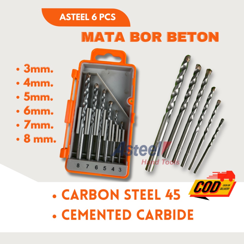 Mata Bor Beton Set 6pcs Asteel -Mata Bor Beton Cemented Carbide - Mata Bor Tembok Beton Set - Mata
