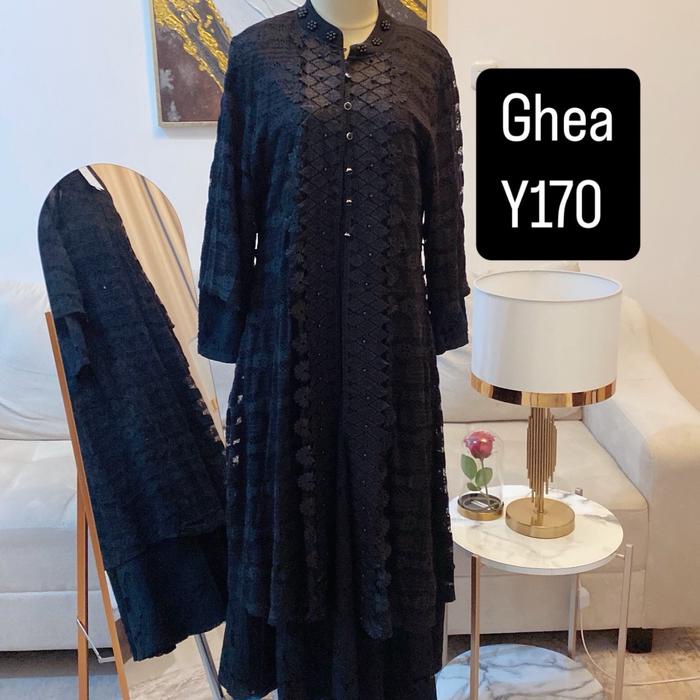Gamis Brokat Ghea Y170 Full Black Spesial Rompi Lepas Muslim Hitam Mewah Cantik Dress Wanita Baju