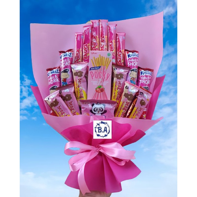 

HJ (S) BUKET PINK CANTIK POCKY/Anniversary/bingkisan Snack Ulang Tahun/Ultah/Wisuda