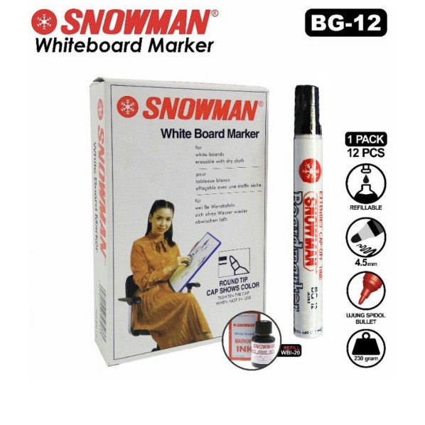 

1 BOX Spidol Papan Tulis Whiteboard BG-12 Snowman - 12pcs