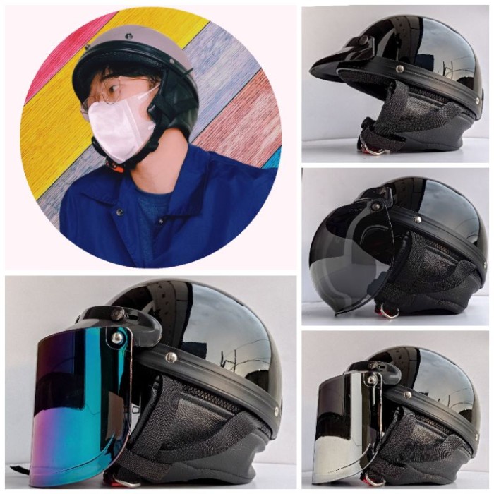 [Good] Helm Chips Cetok Retro polos Hitam glossy kaca datar Flat visor-helm
