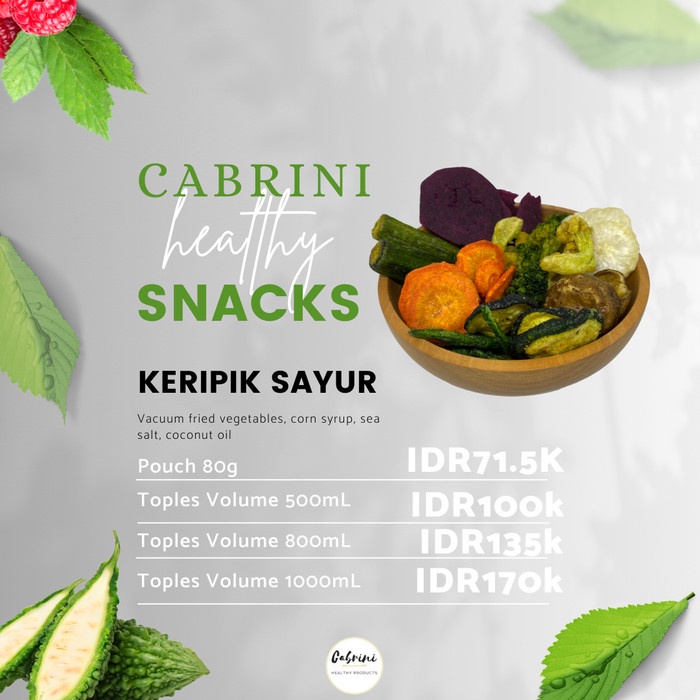

Snack Cemilan Sehat Keripik Sayur Kering Mix Lokal Volume 1000Ml Cabrini Crunchy Veggie