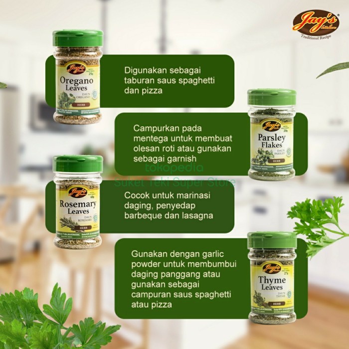 

Jay's Oregano Basil Parsley Rosemary Thyme Leaves Bumbu Rempah Botol