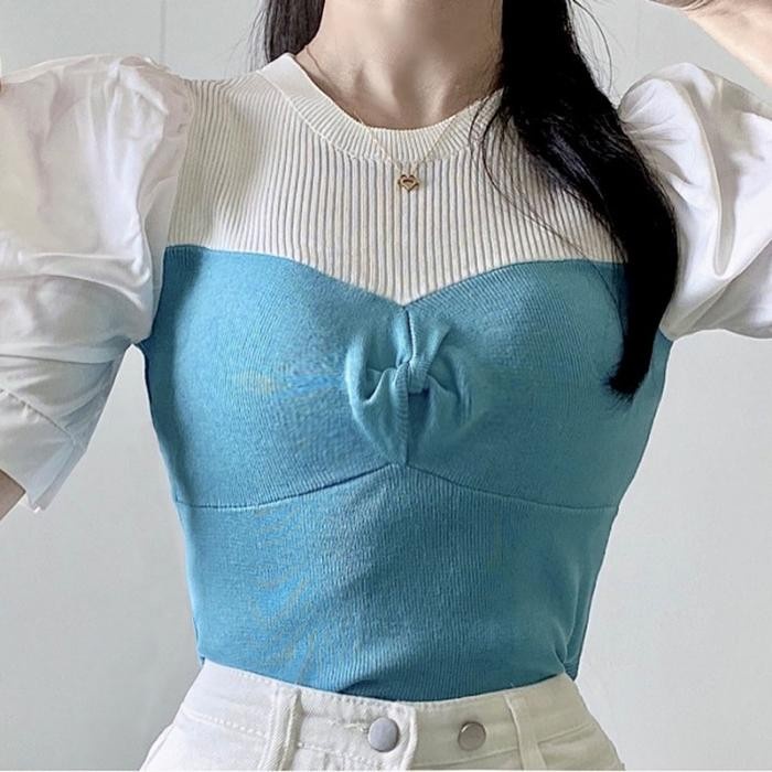 (Best) AJW [HAF] Blouse Rajut Wanita Lengan Pendek Blouse Rajut Lengan Balon Pendek Blouse Crop Top