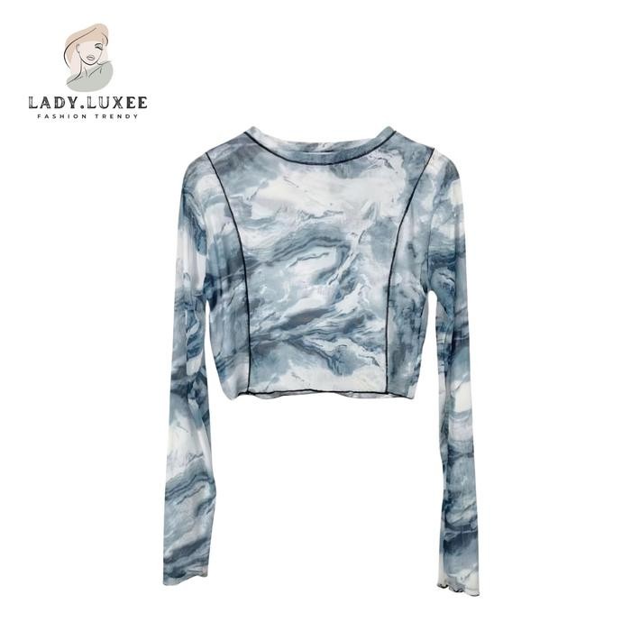 (Best) Lady.luxee BJ982 Blus Baju Atasan Vintage Transparan Motif Abstak Crop Top Lengan Panjang
