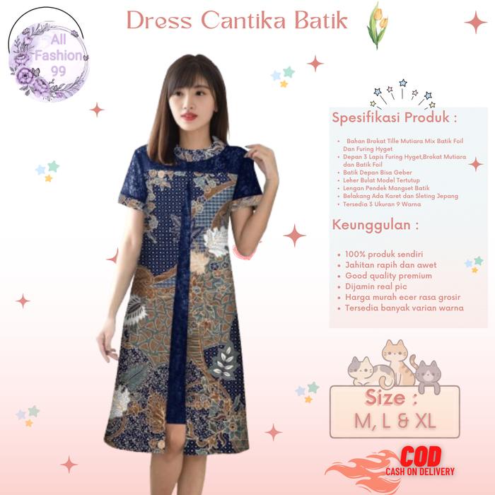 Alf-Dress Cantika Girl Midi Model Terbaru Matt Batik Kombinasi Brokat Mutiara Modern Elegant Cocok