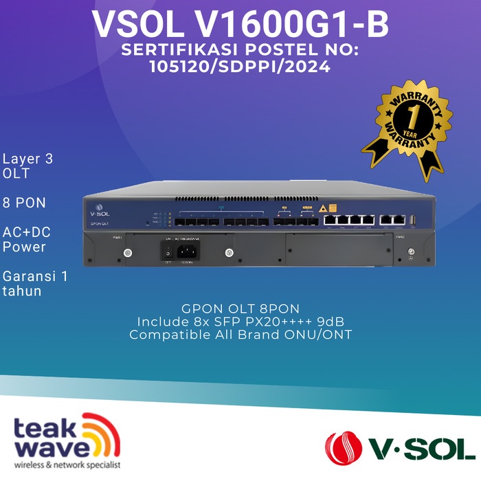 Vsol V1600G1-B Gpon Olt 8 Pon Layer 3 Ac+Dc Power Include Sfp 9Db 8 Port