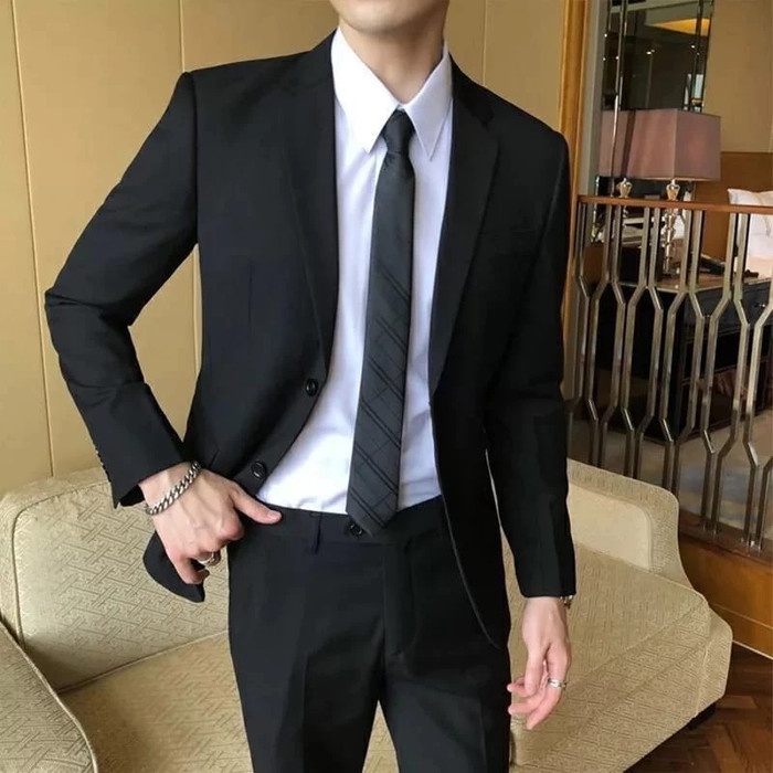 READY Stelan Jas Hitam Pria Blazer Cowok Jas Dan Celana Formal Satu Set Warna Hitam Abu ukuran S M L