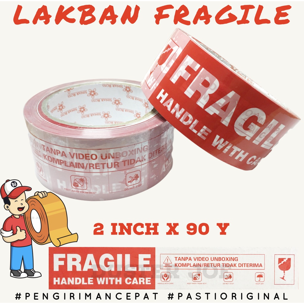 

[Per 1 Dus] Lakban Fragile Merah Putih Unboxing 2 Inch 45mm 90 Yard (1 Dus isi 72 Rol)