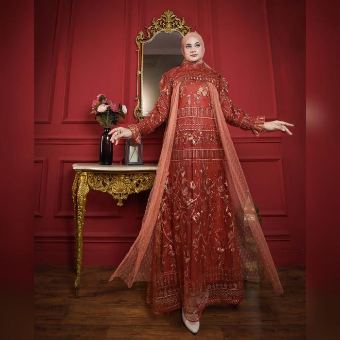 Meera - Isyana Dress Brokat Wisuda Wanita Remaja Semi Outer Bahan Tile Brokat Mix Tile Dot Mewah