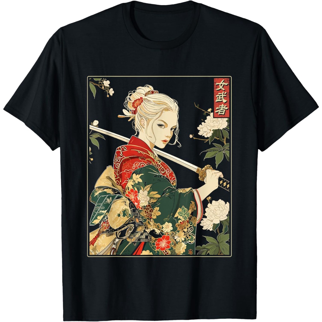 Kaos Wanita Bergambar Seni Samurai Gotik Jepang dengan Pedang Katana