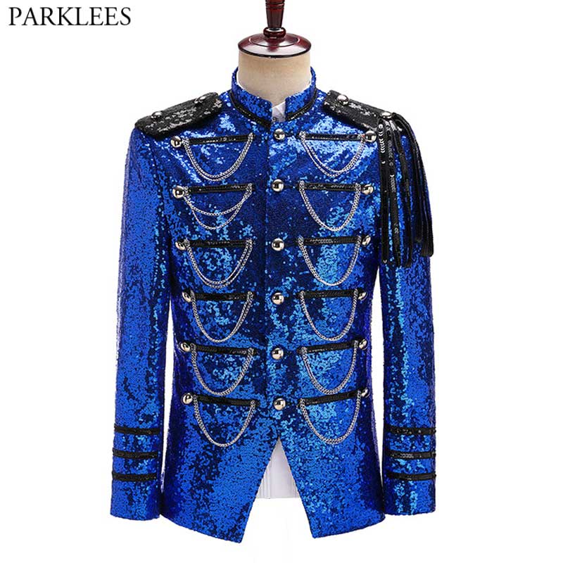Royal Blue Sequin Embellished Military Blazer Jacket Men Stage Party Prom Mens Tuxedo Suit Jacket