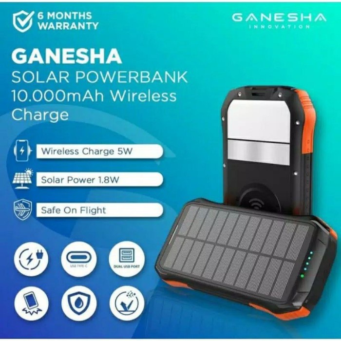 TOP GANESHA SOLAR POWERBANK 10000MAH WIRELESS CHARGE WATERPROOF ORIGINAL -