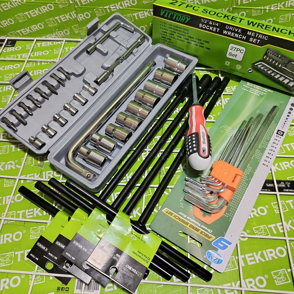 Paket Lengkap Murah TEKIRO Kunci T 4 pcs 8-10-12-14 mm + Kunci Sok 27 pcs Victory + Kunci L 9 pcs