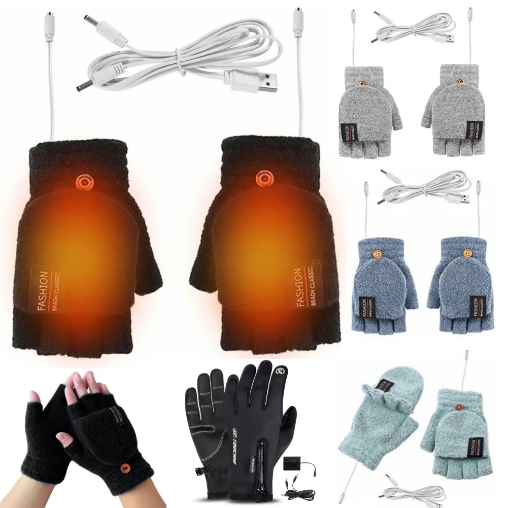 USB Heating Gloves Double-Sided Heating Gloves Washable Rechargable MittensThermal Fingerless Hand W