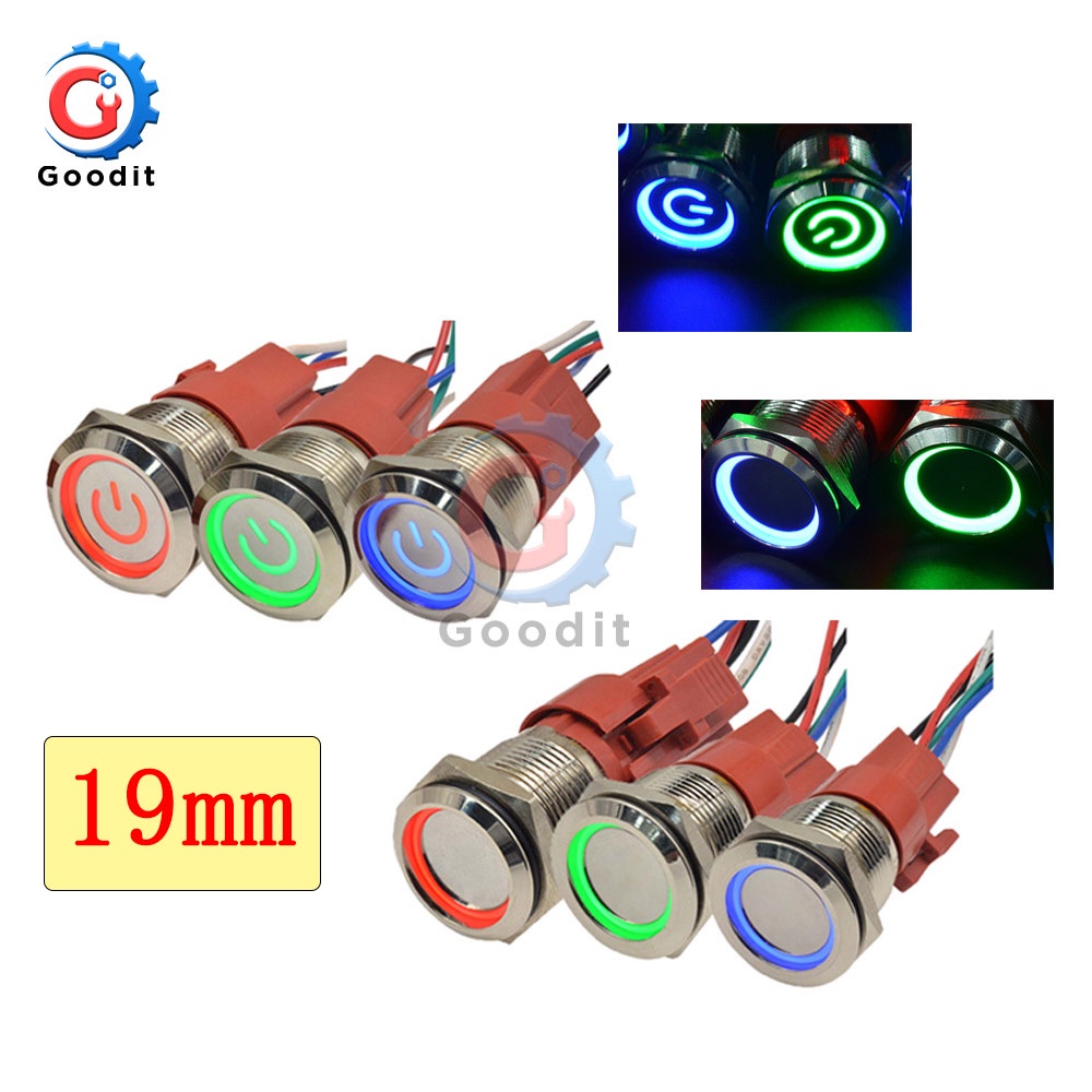 Ring/Power Metal Push Button Switch 19mm LED 250V 5A Locking Latching Waterproof for Car Auto Engine