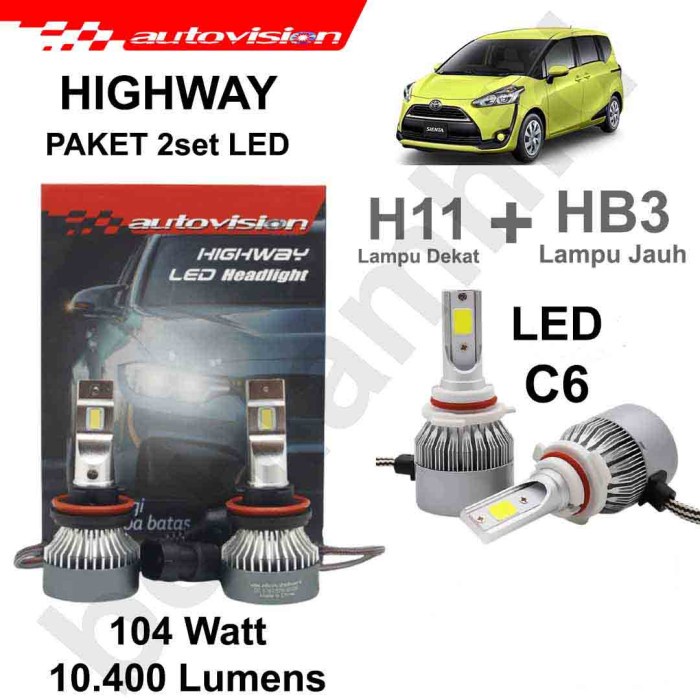 Ready Paket LED SIENTA Autovision Highway Lampu Dekat H11 + Jauh HB3 Putih