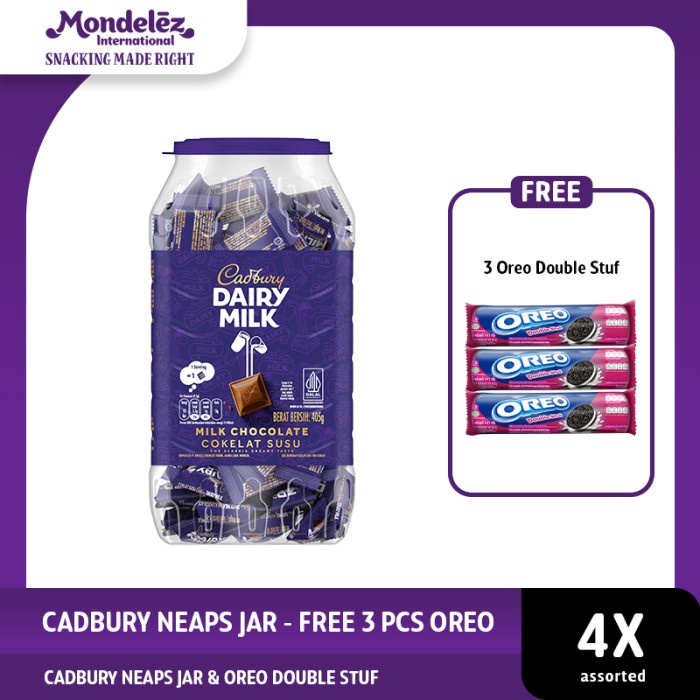 

BARANG TERLARIS Cadbury Dairy Milk Cokelat Neaps Jar - Free 3 pcs Oreo Double Stuf