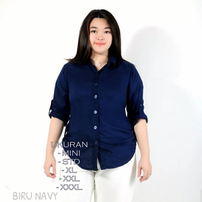 KEMEJA WANITA POLOS NAVY BIRU TUA KATUN RAYON ADEM LEMBUT SIZE M-XXXL
