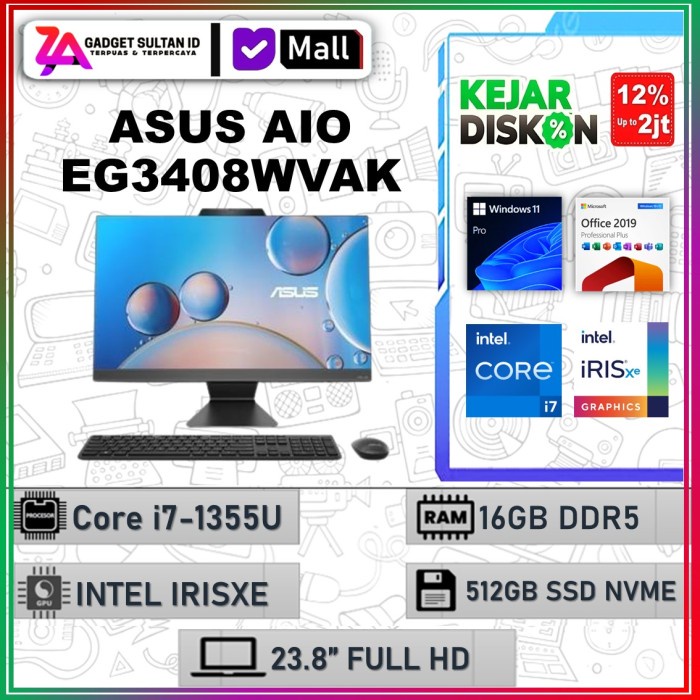 Asus AIO TKDN EXPERTCENTER EG3408WVAK I7 1355 16GB 512GB Windows 11 Office 23.8 Inch Full HD