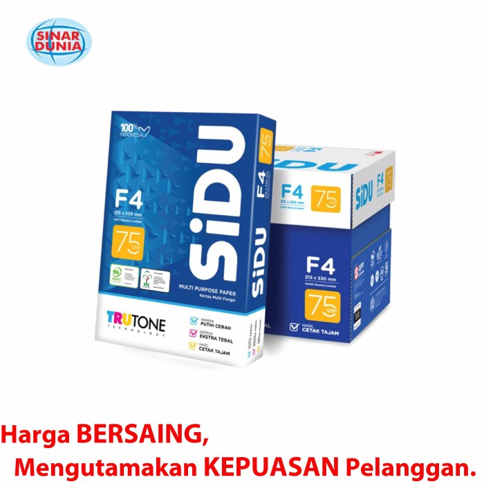 

pintar- Kertas HVS Sinar Dunia F4 70 / HVS Sidu F4 70 / Kertas SIDU F4 70Gsm