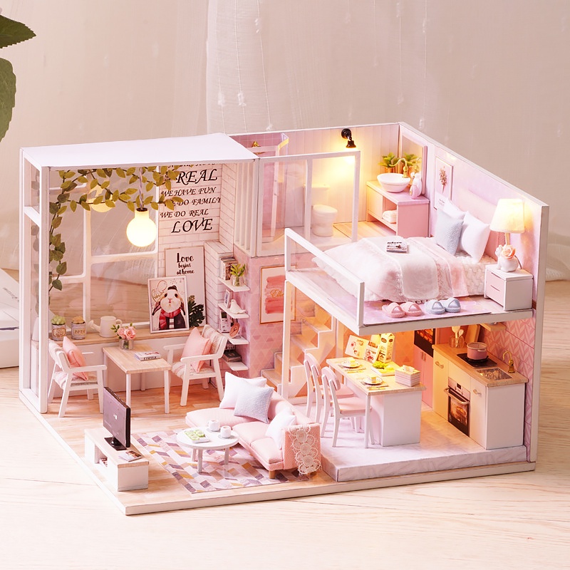 Wooden Mini Doll House DIY Small Houses Kit Duplex Apartment 3D Puzzle Assembly Building Toy