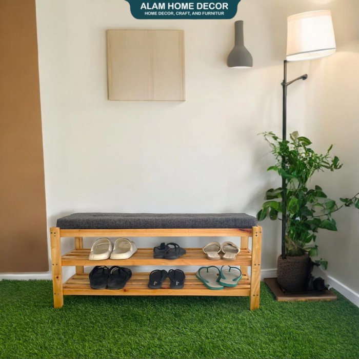PREMIUM Rak Sepatu Multifungsi Kayu Solid Mahoni Tempat Duduk Kuat Penyimpanan