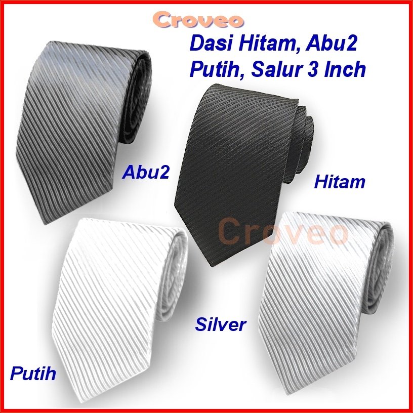 TrendyGaya- Dasi Panjang Pria Hitam Abu 3 Inch Salur Garis Silver Putih Abu2 Dewasa Cm Inci Cowok