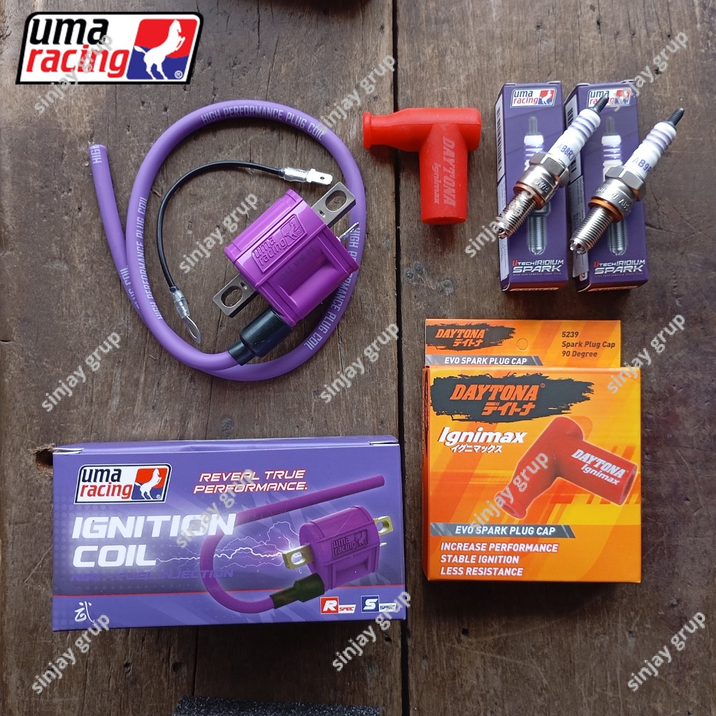 Uma Racing-Daytona Koil Cangklong Cop Dop Busi Iridium Supra Kirana Karisma X 125 Fit New Revo Blade