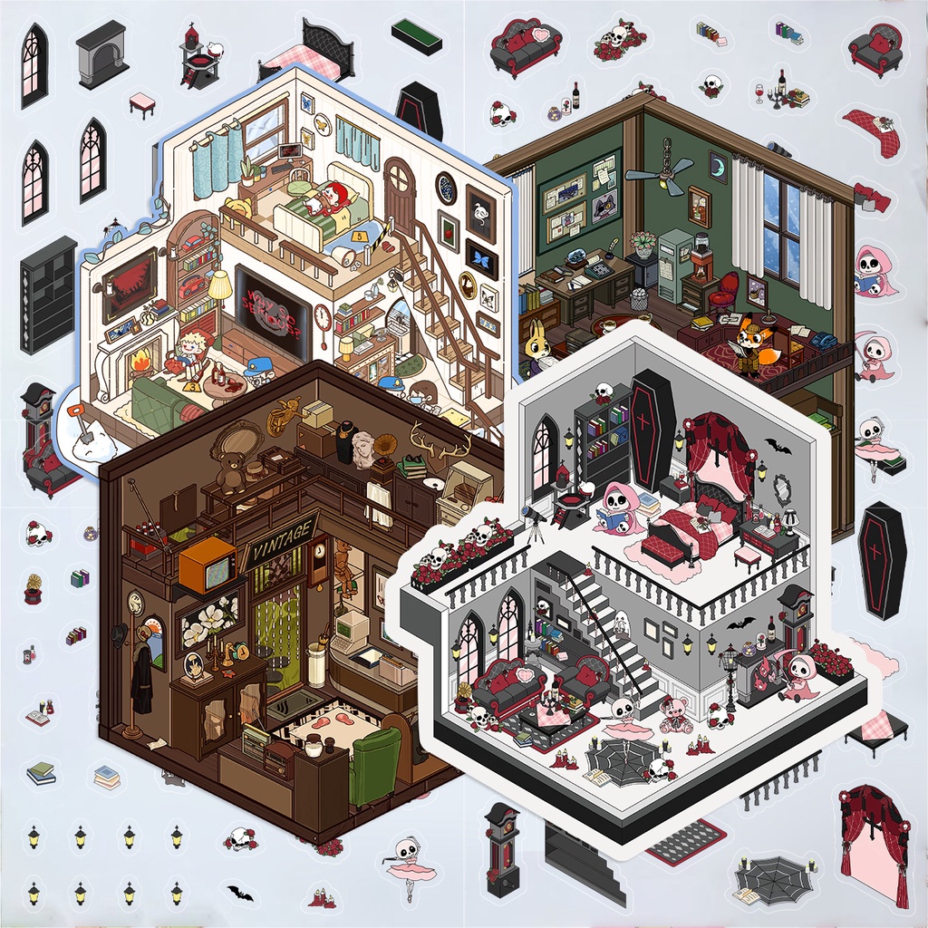 Cartoon Scenery Gothic Castle Stickers Miniature World 3D House Decompression Diy Scene Stationery